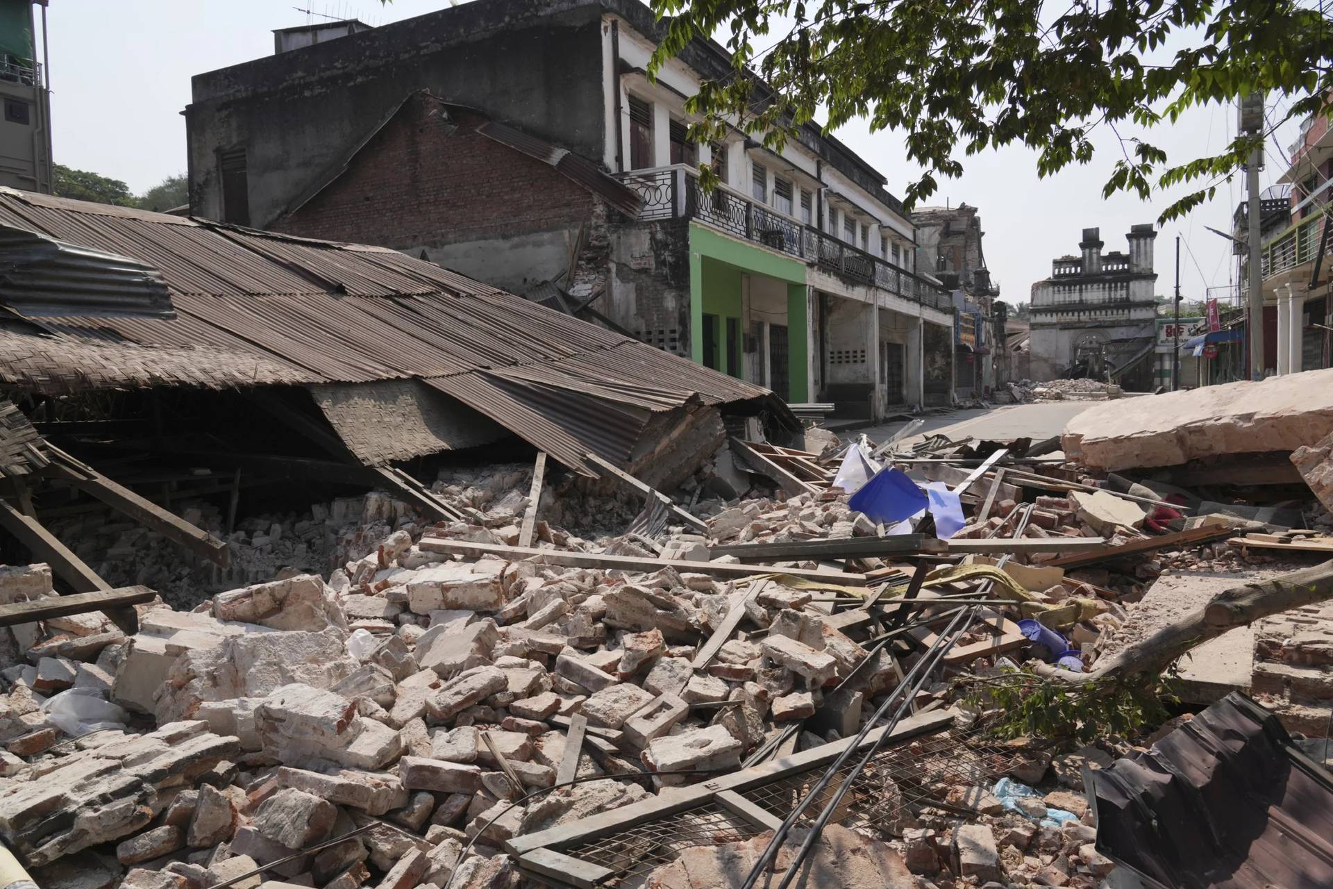 Damaged buildings are seen in the aftermath of an earthquake in Naypyitaw, Myanmar, on March 30, 2025. (Credit: Aung Shine Oo/AP.)