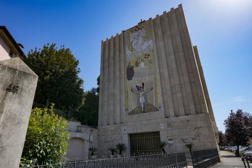 A mosaic by ex-Jesuit artist Marko Rupnik is seen on the main facade of the Church of Our Lady of the Canadian Martyrs, June 28, 2024, in Rome. (Credit: Andrew Medichini/AP.)